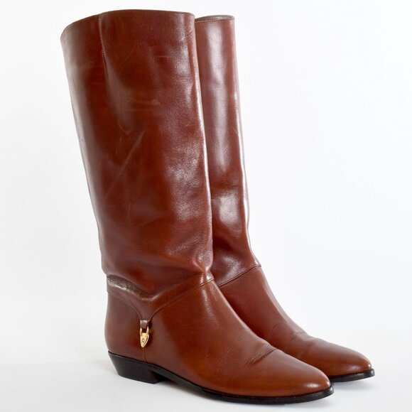 Vintage 1980s Size 8N Brown Short Heel Tall Leather Boots | by Etienne Agner - Picture 1 of 10